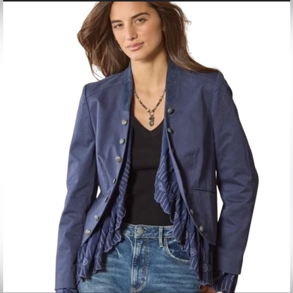 Sundance Jackets & Blazers - Sundance Caroline Ruffled Trim Military Button Jacket Blue Lace Hem Size Small